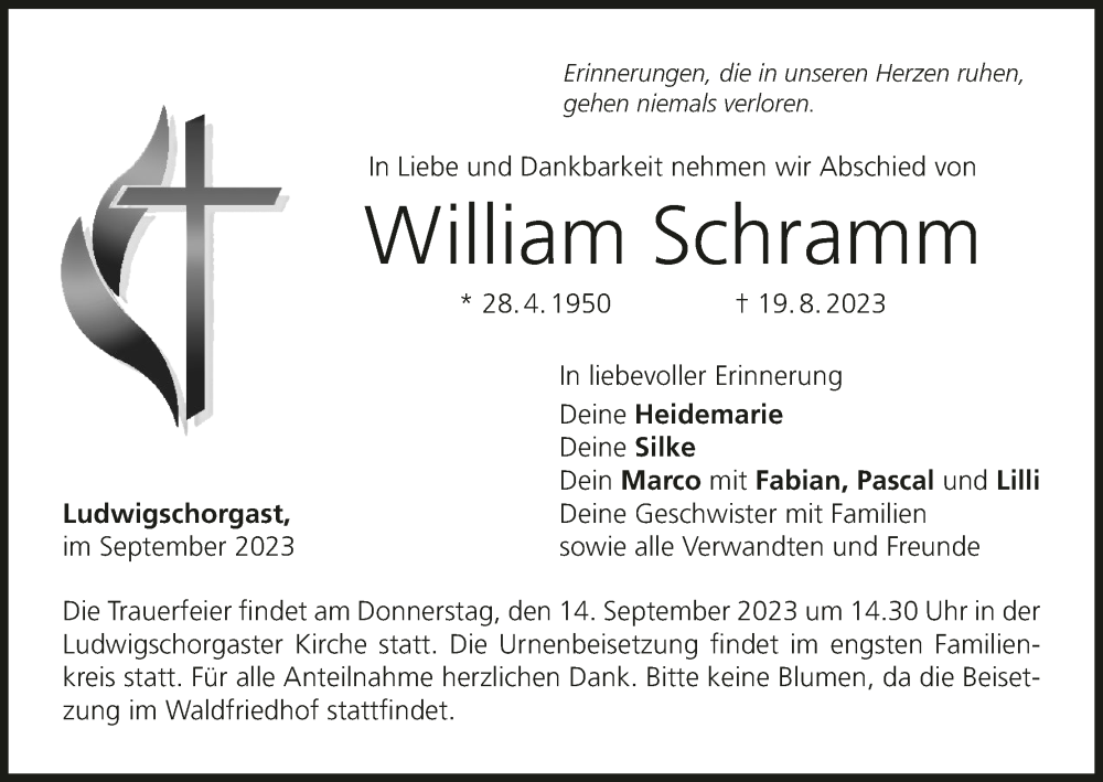  Traueranzeige für William Schramm vom 09.09.2023 aus MGO