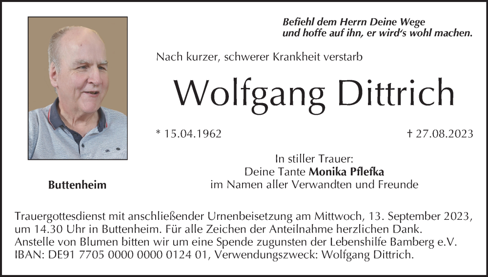  Traueranzeige für Wolfgang Dittrich vom 09.09.2023 aus MGO