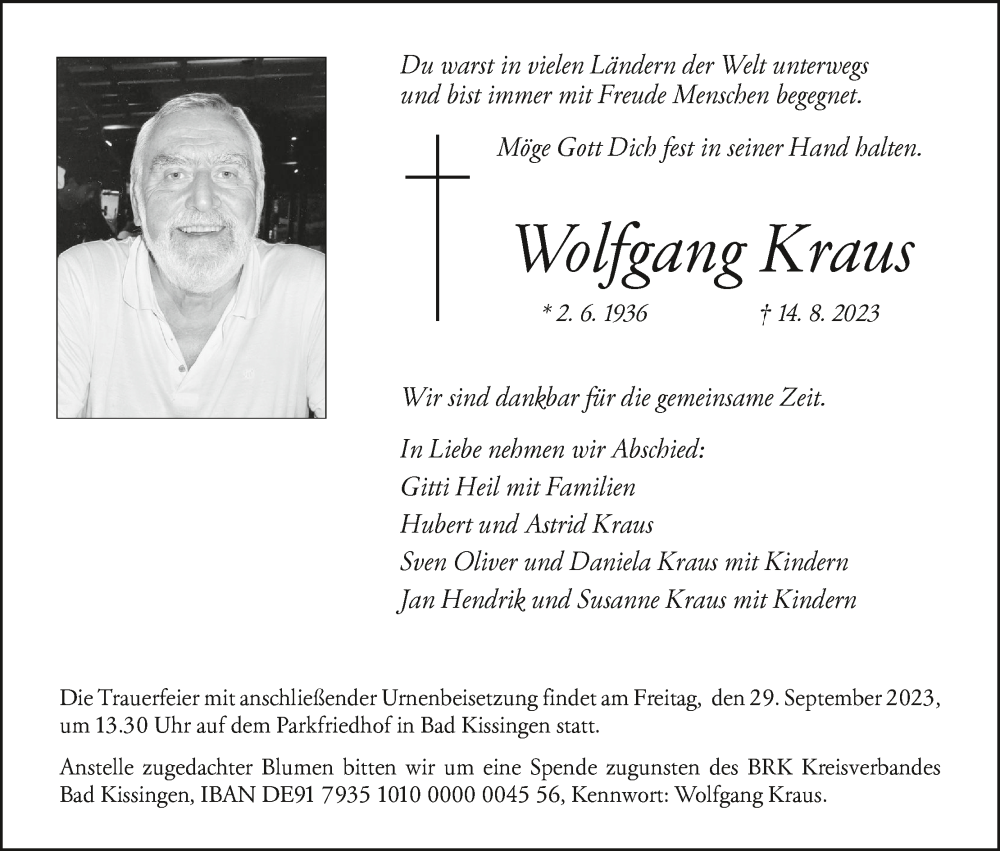  Traueranzeige für Wolfgang Kraus vom 16.09.2023 aus MGO