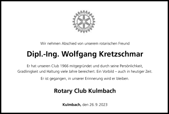 Anzeige von Wolfgang Kretzschmar von MGO