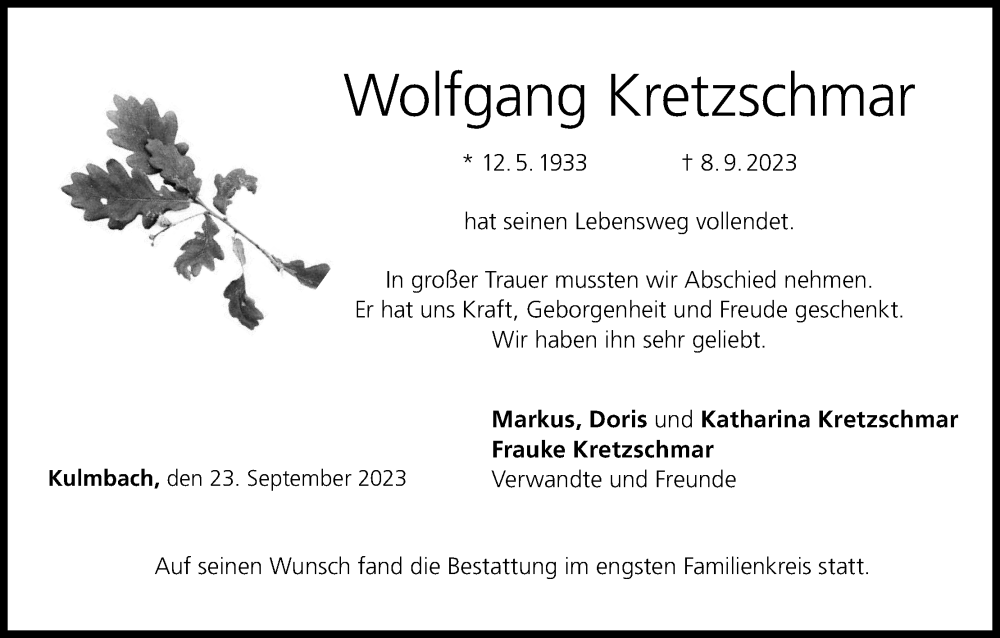  Traueranzeige für Wolfgang Kretzschmar vom 23.09.2023 aus MGO