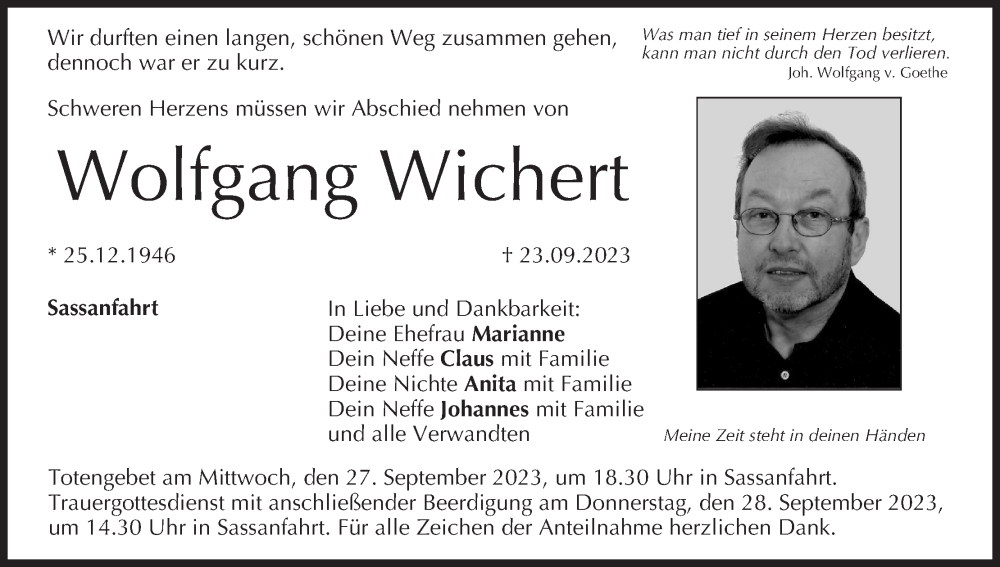  Traueranzeige für Wolfgang Wichert vom 26.09.2023 aus MGO