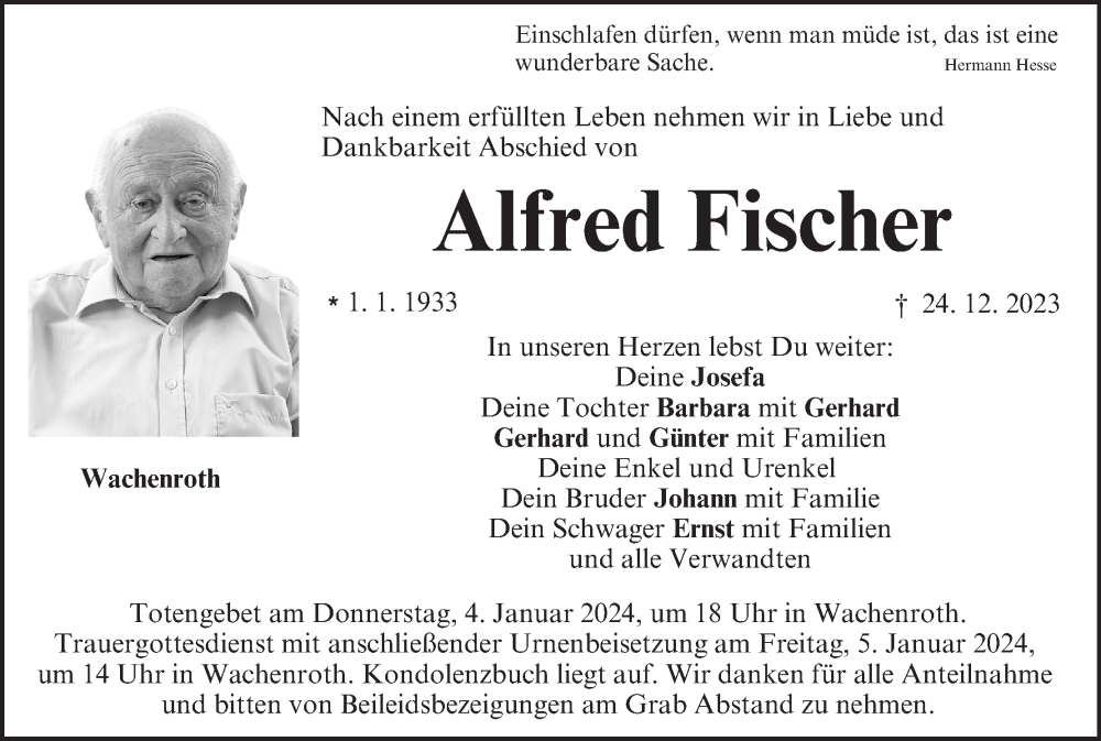  Traueranzeige für Alfred Fischer vom 02.01.2024 aus MGO