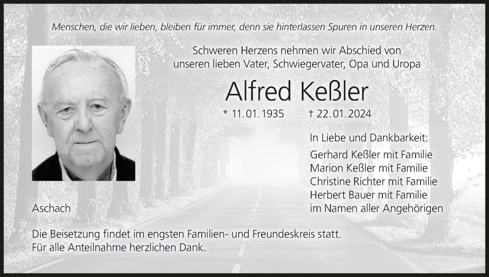  Traueranzeige für Alfred Keßler vom 25.01.2024 aus MGO