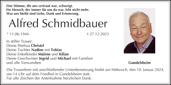 Anzeige von Alfred Schmidbauer von MGO