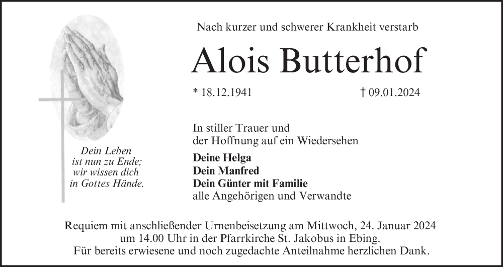  Traueranzeige für Alois Butterhof vom 20.01.2024 aus MGO
