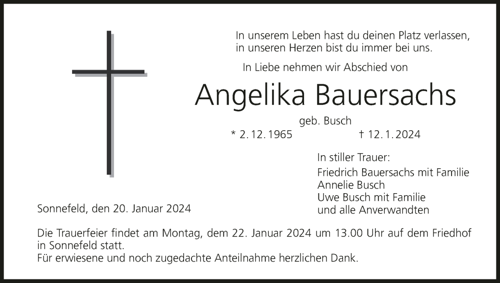  Traueranzeige für Angelika Bauersachs vom 20.01.2024 aus MGO