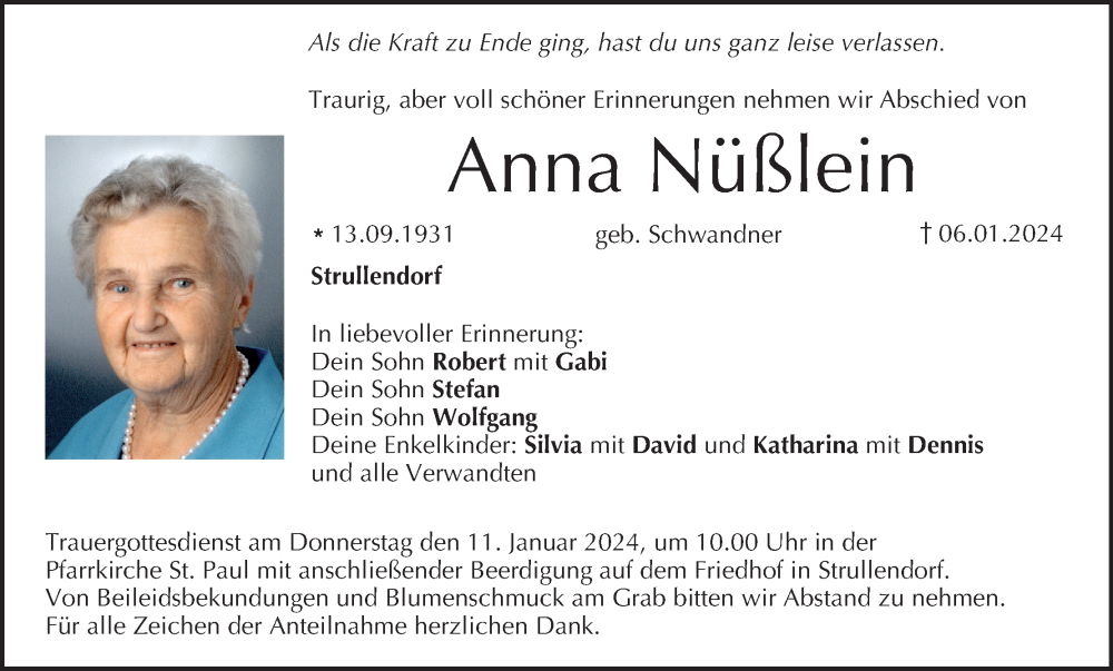  Traueranzeige für Anna Nüßlein vom 10.01.2024 aus MGO