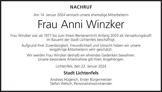 Anzeige von Anni Winzker von MGO