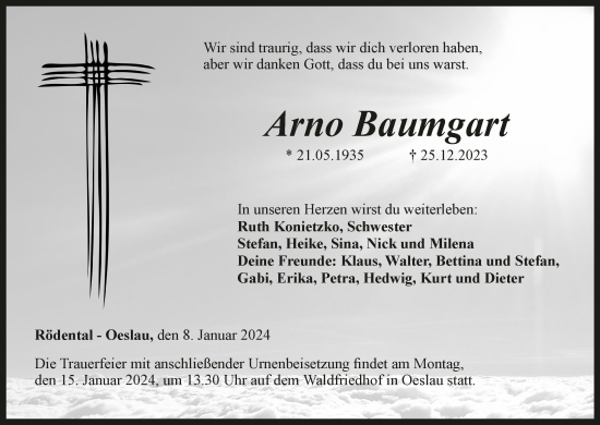 Anzeige von Arno Baumgart von MGO