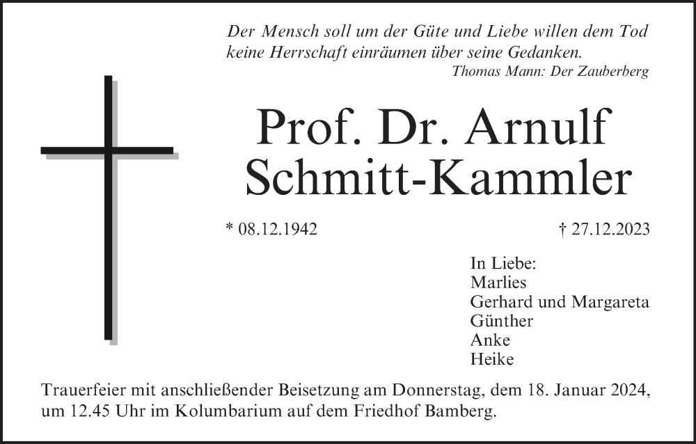  Traueranzeige für Arnulf Schmitt-Kammler vom 13.01.2024 aus MGO