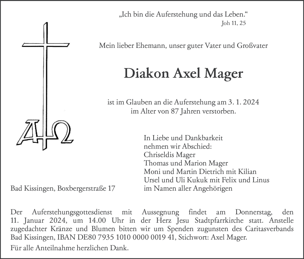  Traueranzeige für Axel Mager vom 08.01.2024 aus MGO