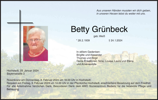Anzeige von Betty Grünbeck von MGO