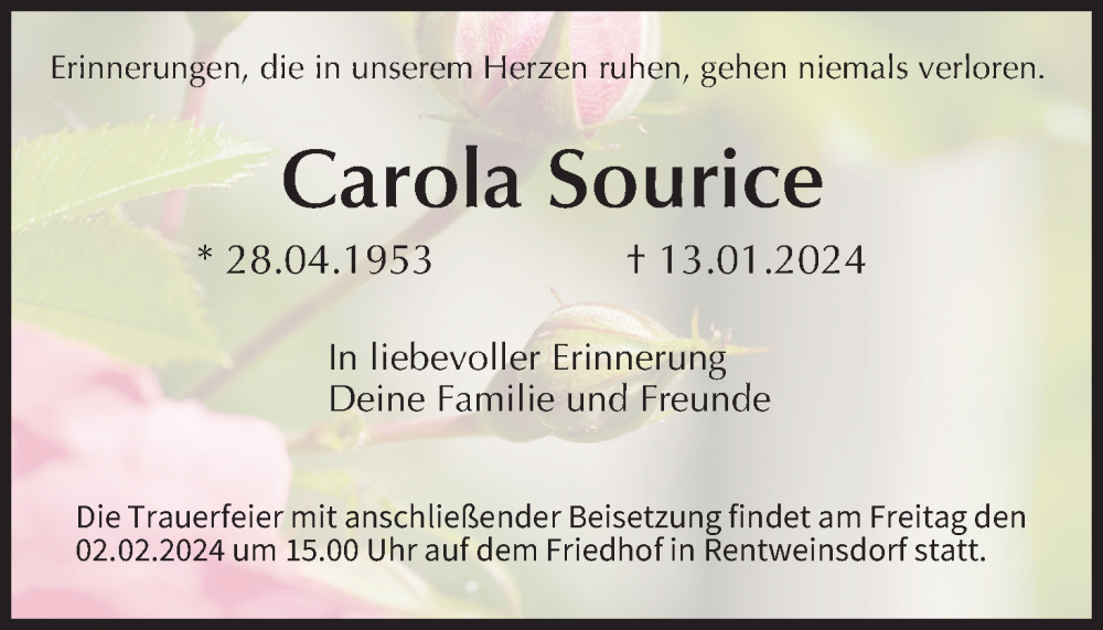  Traueranzeige für Carola Sourice vom 27.01.2024 aus MGO