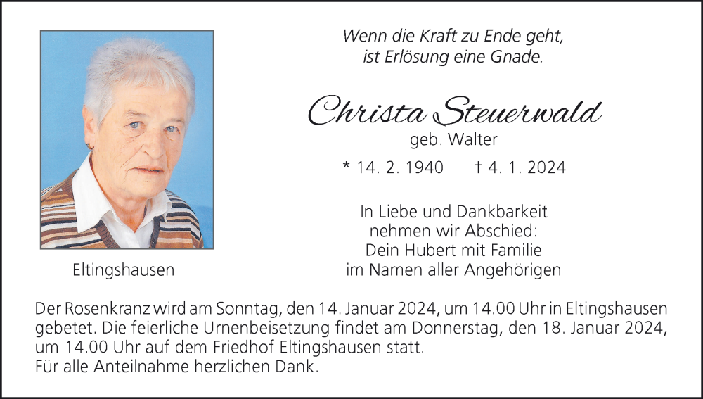  Traueranzeige für Christa Steuerwald vom 13.01.2024 aus MGO