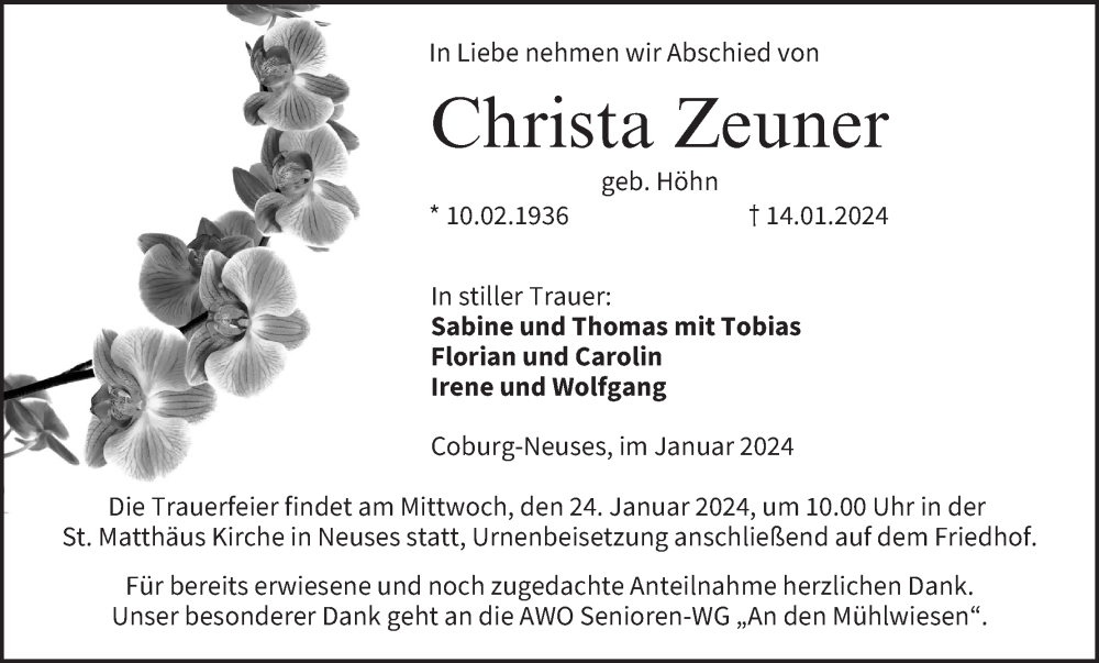  Traueranzeige für Christa Zeuner vom 20.01.2024 aus MGO