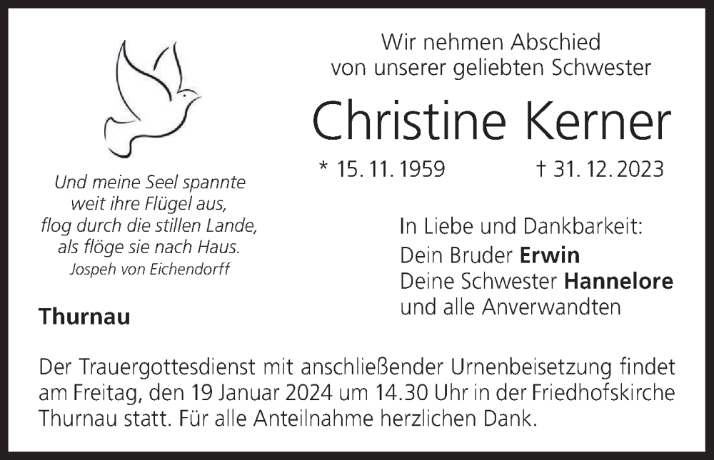  Traueranzeige für Christine Kerner vom 13.01.2024 aus MGO
