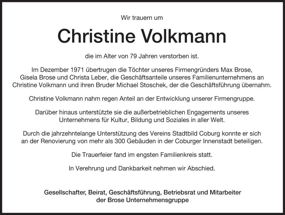  Traueranzeige für Christine Volkmann vom 09.01.2024 aus MGO