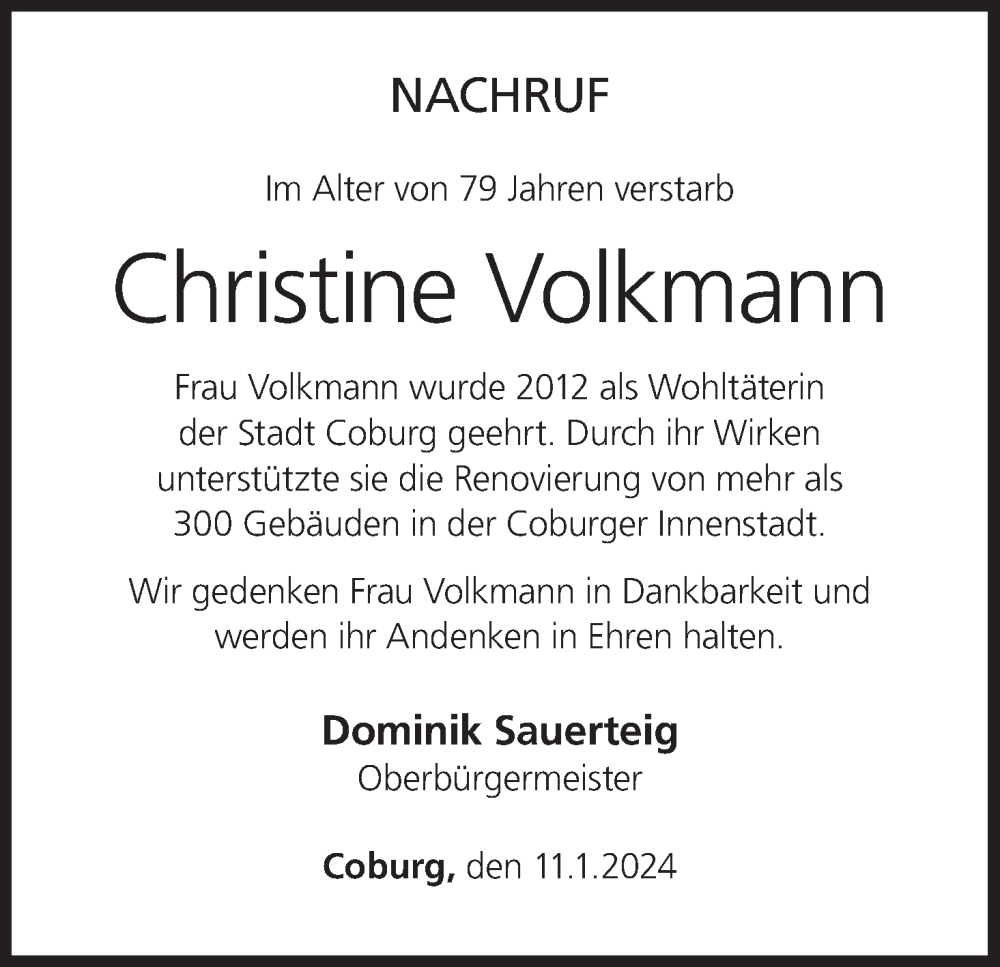  Traueranzeige für Christine Volkmann vom 13.01.2024 aus MGO