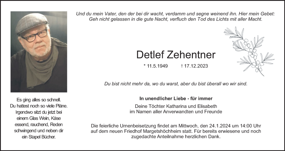  Traueranzeige für Detlef Zehentner vom 20.01.2024 aus MGO