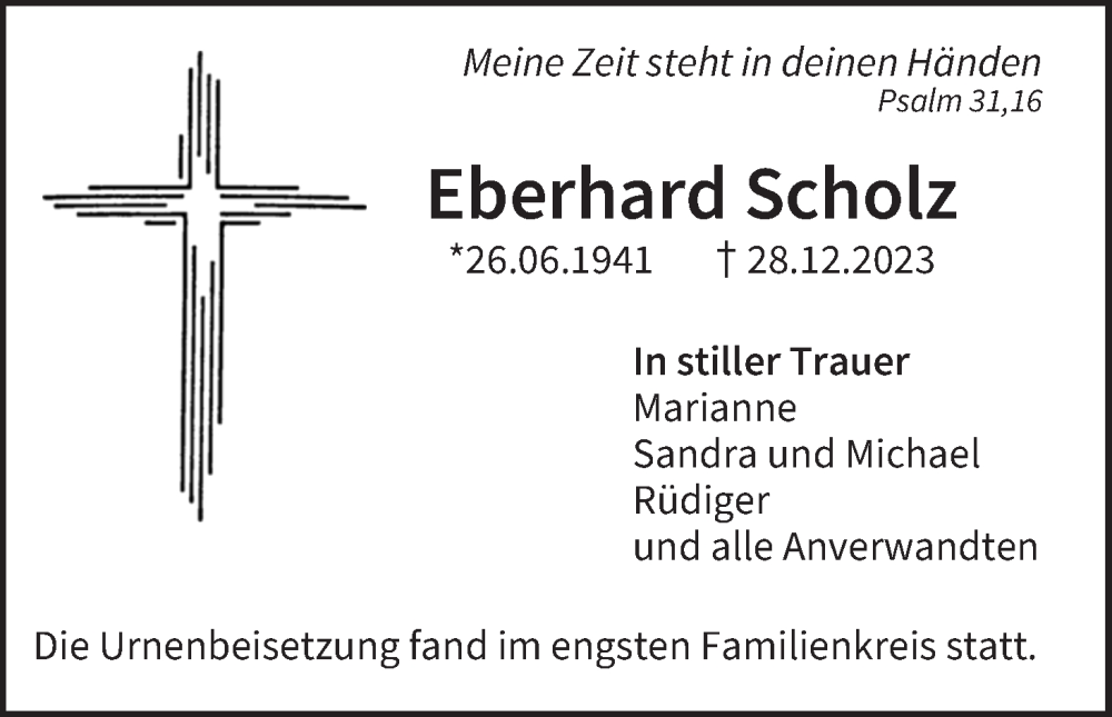  Traueranzeige für Eberhard Scholz vom 20.01.2024 aus MGO