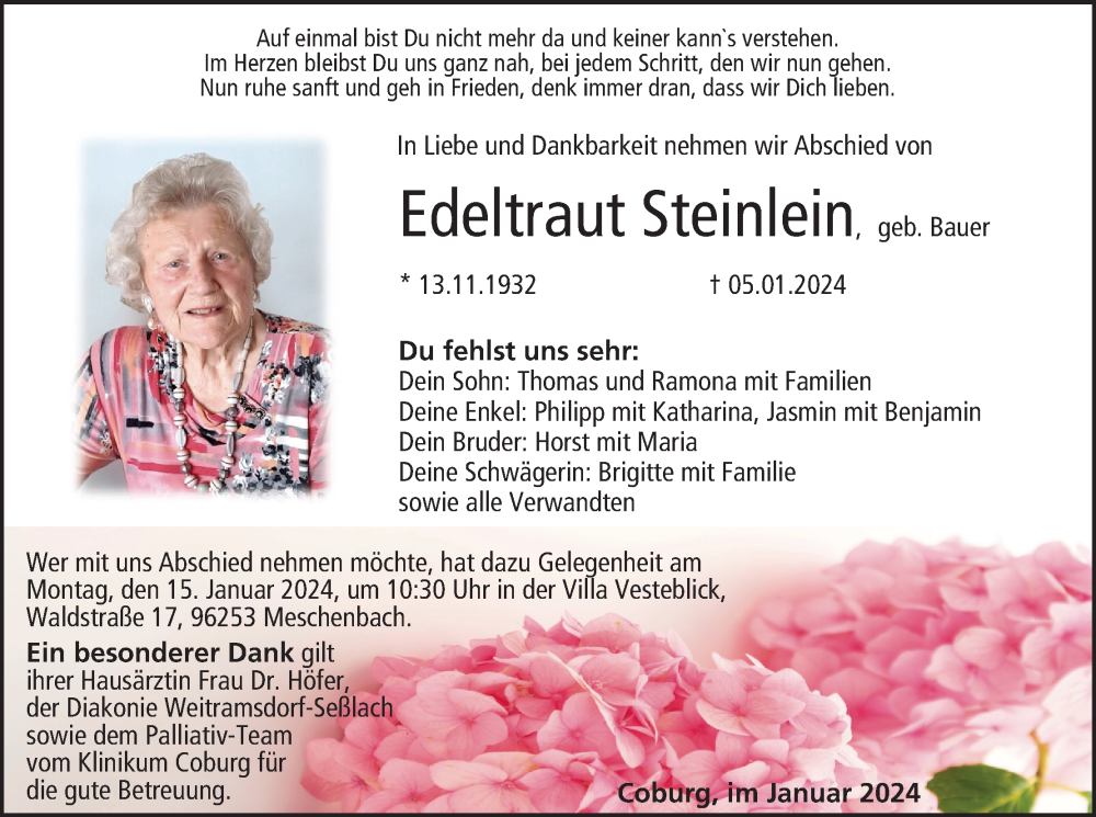  Traueranzeige für Edeltraut Steinlein vom 10.01.2024 aus MGO
