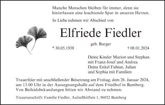 Anzeige von Elfriede Fiedler von MGO