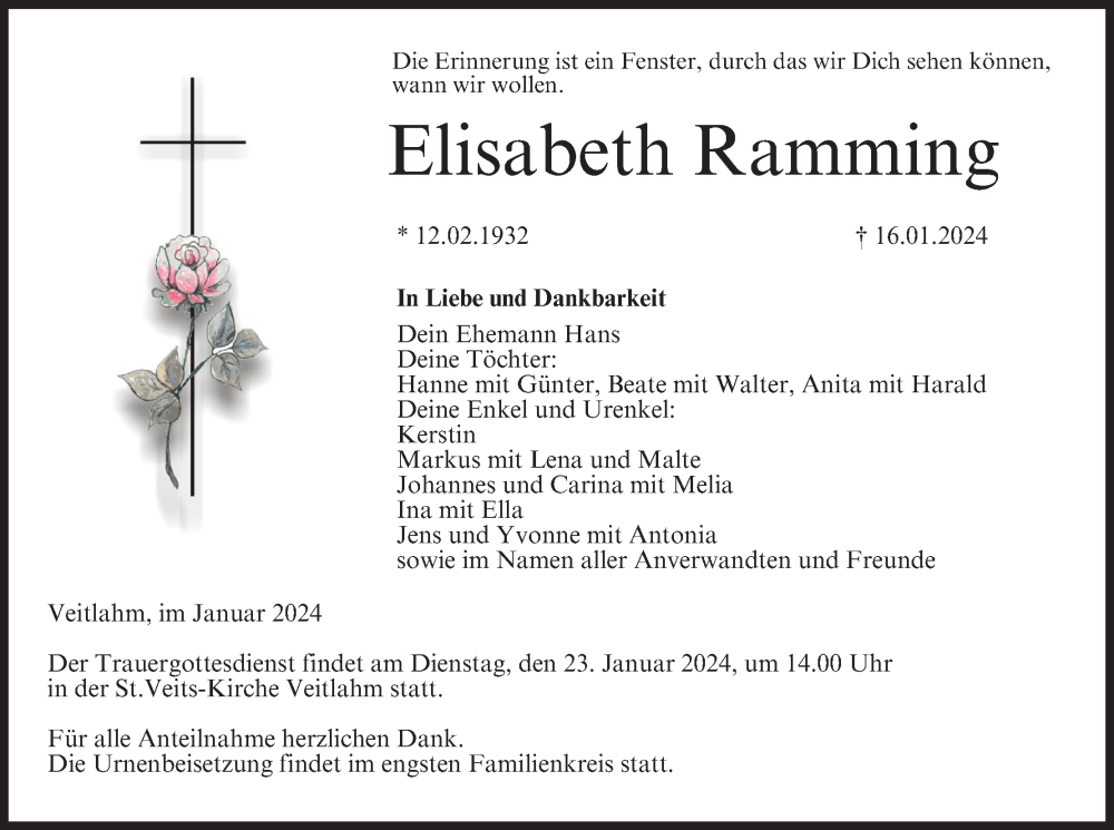  Traueranzeige für Elisabeth Ramming vom 19.01.2024 aus MGO