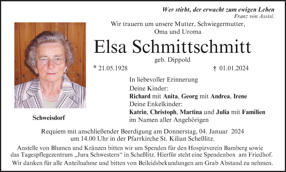  Traueranzeige für Elsa Schmittschmitt vom 03.01.2024 aus MGO