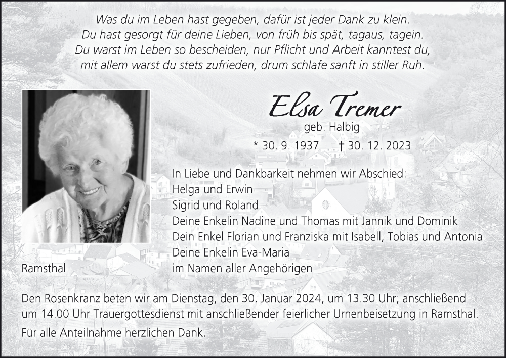  Traueranzeige für Elsa Tramer vom 27.01.2024 aus MGO