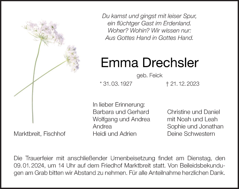  Traueranzeige für Emma Drechsler vom 05.01.2024 aus MGO