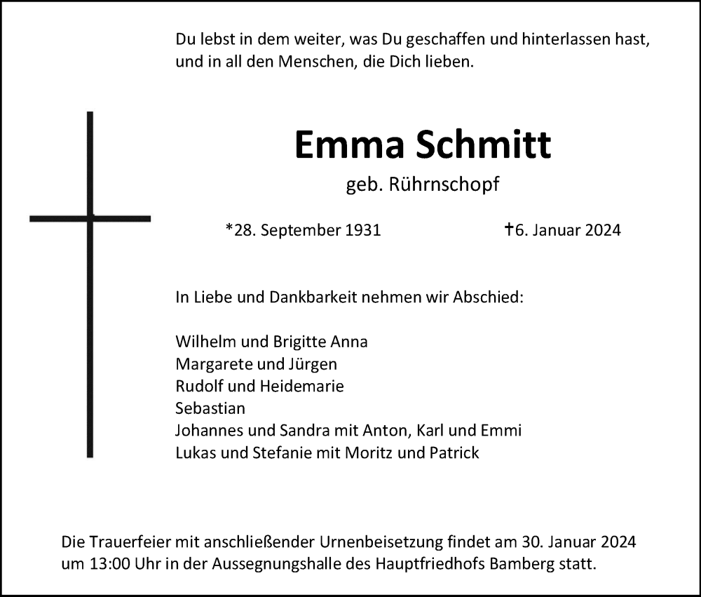  Traueranzeige für Emma Schmitt vom 20.01.2024 aus MGO