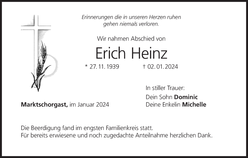  Traueranzeige für Erich Heinz vom 13.01.2024 aus MGO