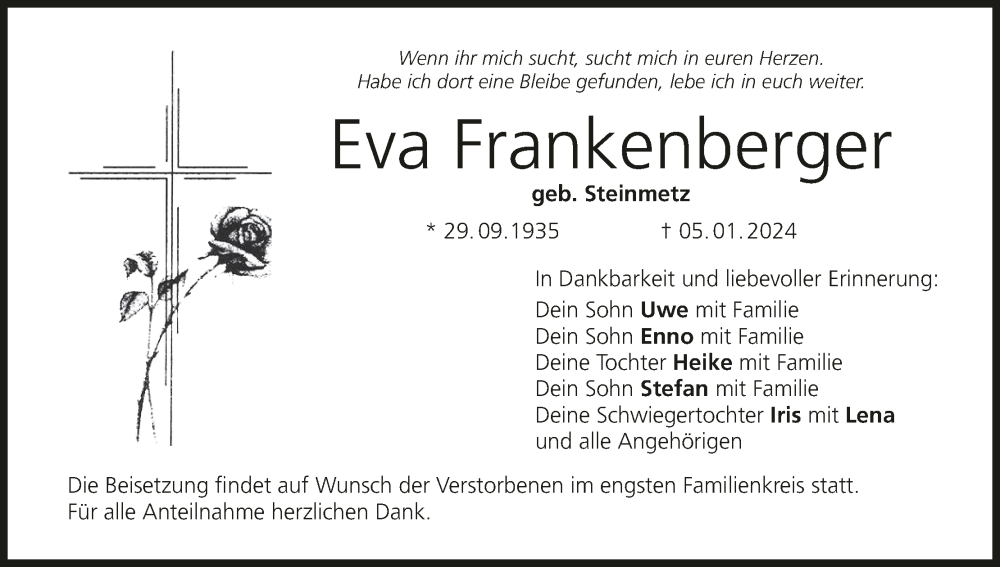  Traueranzeige für Eva Frankenberger vom 13.01.2024 aus MGO