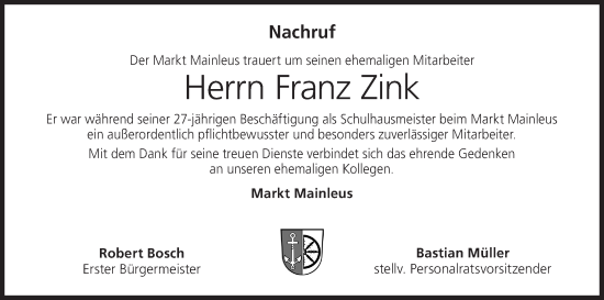 Anzeige von Franz Zink von MGO