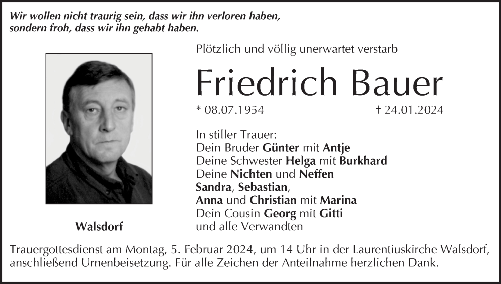  Traueranzeige für Friedrich Bauer vom 27.01.2024 aus MGO