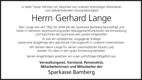 Anzeige von Gerhard Lange von MGO