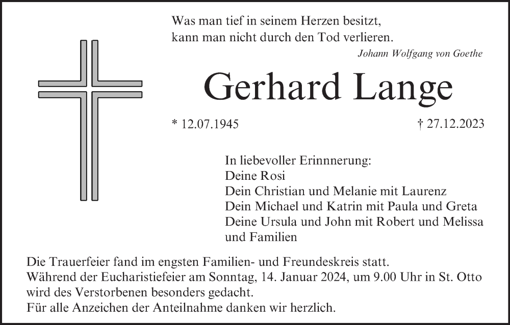  Traueranzeige für Gerhard Lange vom 13.01.2024 aus MGO