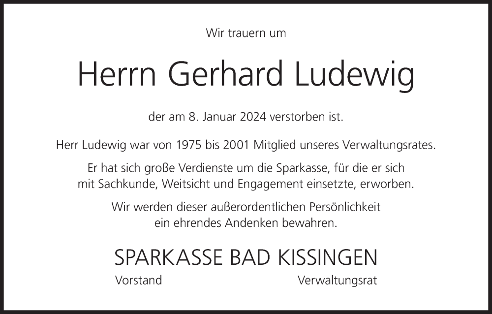  Traueranzeige für Gerhard Ludewig vom 16.01.2024 aus MGO