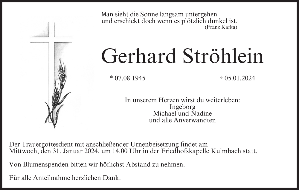  Traueranzeige für Gerhard Ströhlein vom 27.01.2024 aus MGO