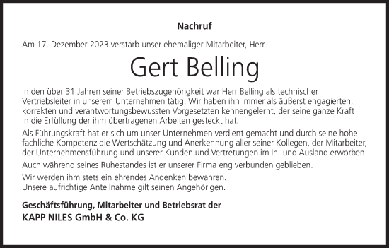 Anzeige von Gert Belling von MGO