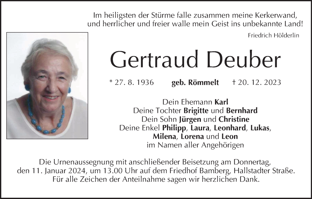  Traueranzeige für Gertraud Deuber vom 05.01.2024 aus MGO