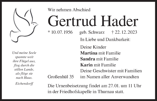 Anzeige von Gertrud Hader von MGO