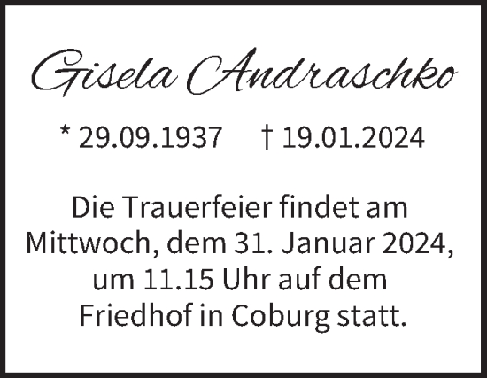 Anzeige von Gisela Andratschke von MGO