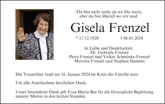 Anzeige von Gisela Frenzel von MGO