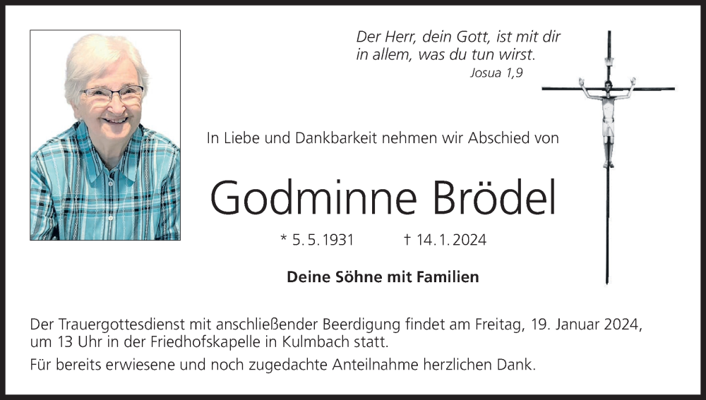  Traueranzeige für Godminne Brödel vom 17.01.2024 aus MGO