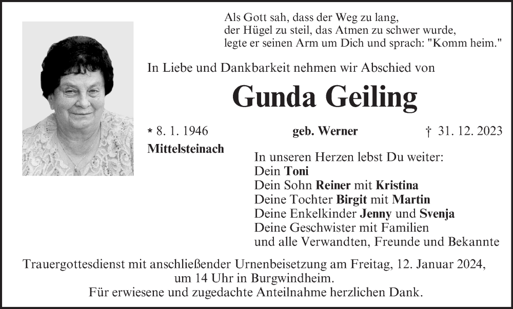 Traueranzeige für Gunda Geiling vom 09.01.2024 aus MGO