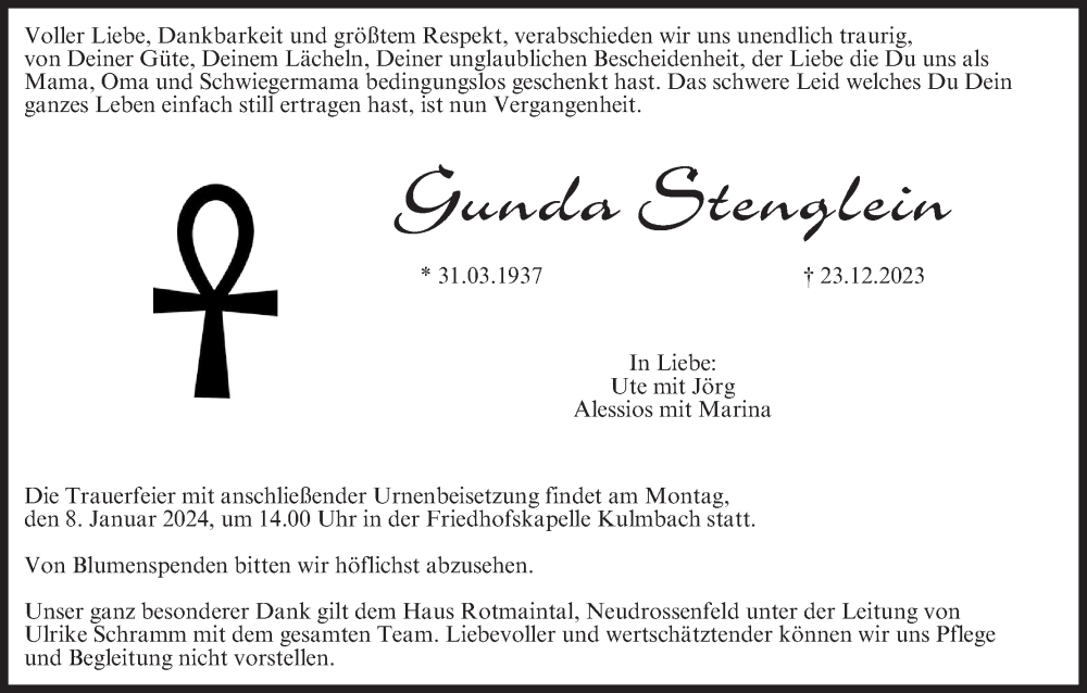  Traueranzeige für Gunda Stenglein vom 04.01.2024 aus MGO