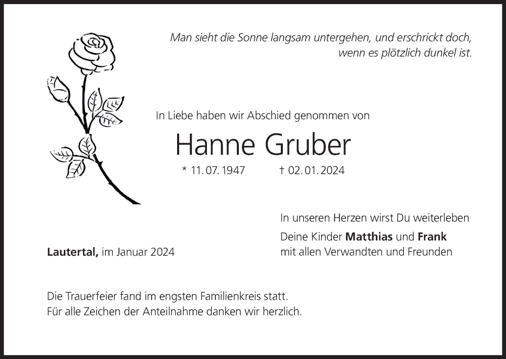  Traueranzeige für Hanne Gruber vom 13.01.2024 aus MGO