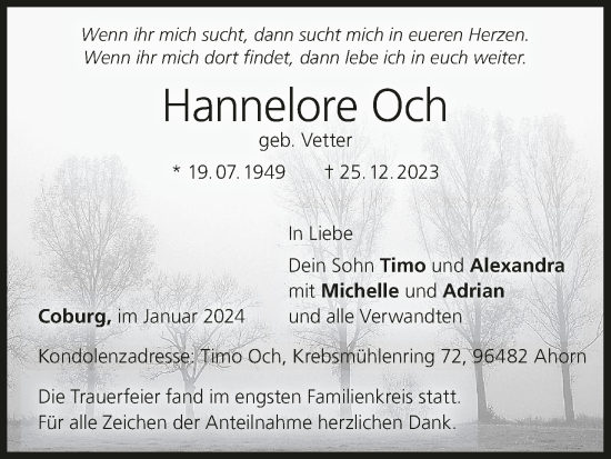 Anzeige von Hannelore Och von MGO